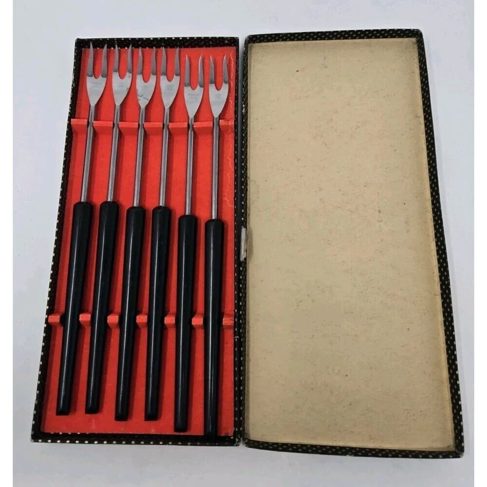 VINTAGE STAINLESS STEEL BLACK HANDLE FONDUE FORKS SET OF 6 WITH BOX FRANCE MCM